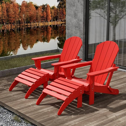WestinTrends Malibu Outdoor Lounge Chair Set, 4-Pieces Adirondack Chair Set of 2 with Ottoman, All Weather Poly Lumber Patio Lawn Folding Chair for Outside Pool Beach, Red
