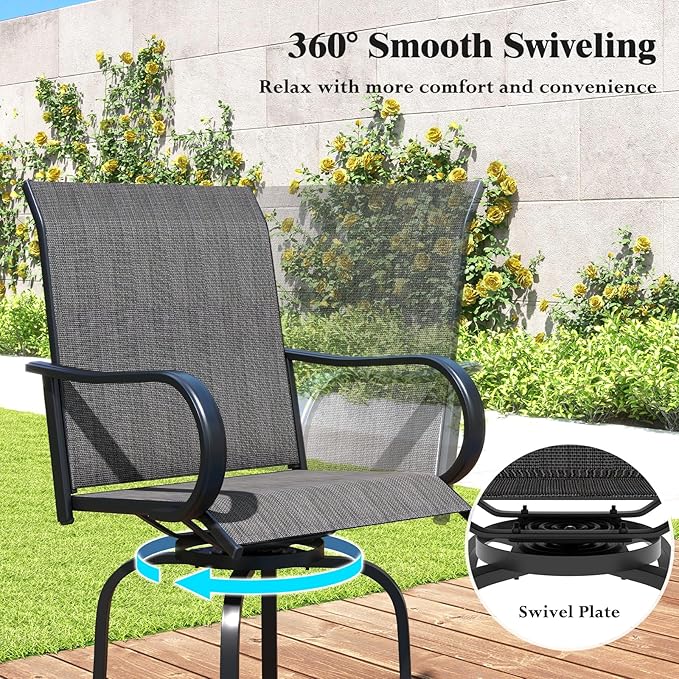 Tangkula Outdoor Swivel Bar Stools Set of 2, Bar Height Tall Patio Chairs with Armrests & High Back - Photo 6