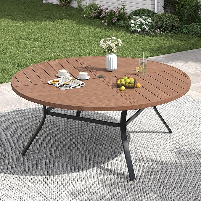 VICLLAX 60" Round Patio Table with Umbrella Hole, All Weather Metal Outdoor Dining Table for 8, Outside Table for Lawn Garden, Walnut Wood-Grain Finish