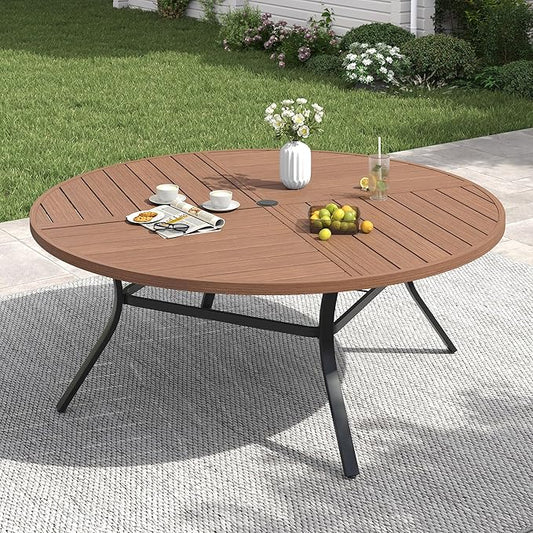 VICLLAX 60" Round Patio Table with Umbrella Hole, All Weather Metal Outdoor Dining Table for 8, Outside Table for Lawn Garden, Walnut Wood-Grain Finish