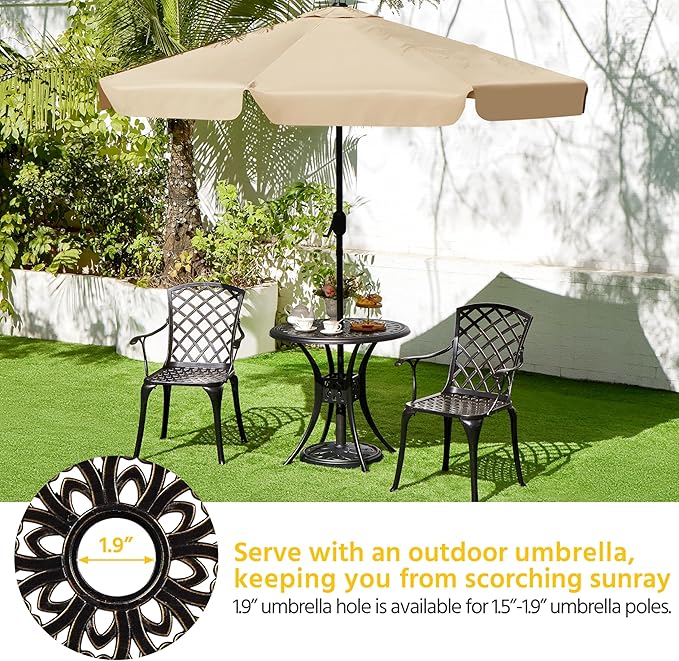 Yaheetech 31in Cast Aluminum Patio Table with Umbrella Hole, Outdoor Round Anti-Rust Small Coffee Bistro Table with Umbrella Hole, Outdoor Furniture for Porch, Backyard, Garden, Bronze