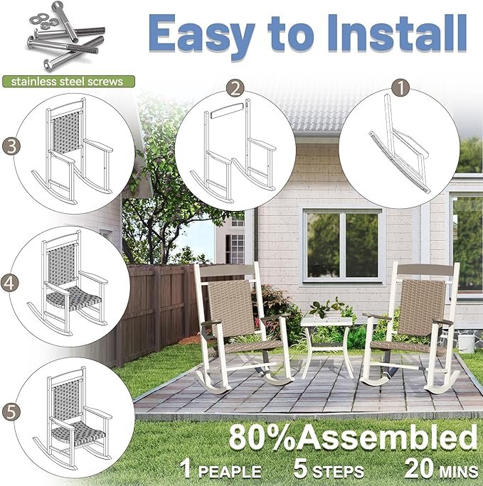Outdoor Wicker Rocking Chairs Set of 3, 2 Chairs Made of Metal & Rattan + 1 All Metal Table, Oversized Patio Rocker with High Back for Adults, All-Weather Outside Furniture, White & Brown