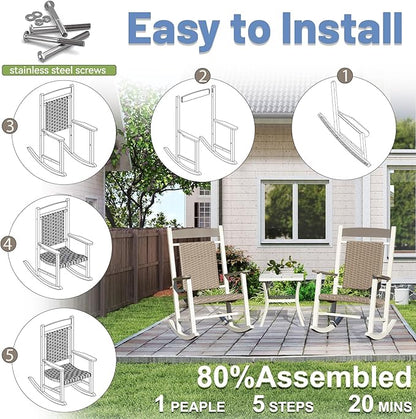 Outdoor Wicker Rocking Chairs Set of 3, 2 Chairs Made of Metal & Rattan + 1 All Metal Table, Oversized Patio Rocker with High Back for Adults, All-Weather Outside Furniture, White & Brown