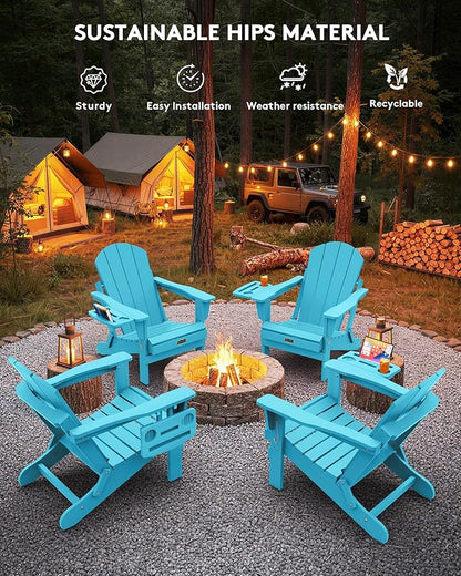 SERWALL Folding Adirondack Chair Set of 4, Outdoor Adirondack Chairs with 4 in 1 Cup Holder, Wood Texture Patio Chairs, Weather Resistant Fire Pit Chairs for Patio Deck Garden, Backyard - Aruba Blue