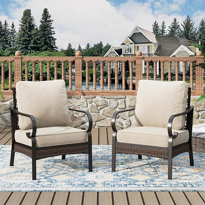 Outdoor Patio Leg Sofa Chairs Set of 2 Steel Frame Porch Furniture with Deep Seating and 5.75" Cushions for Lawn Backyard Deck, Beige