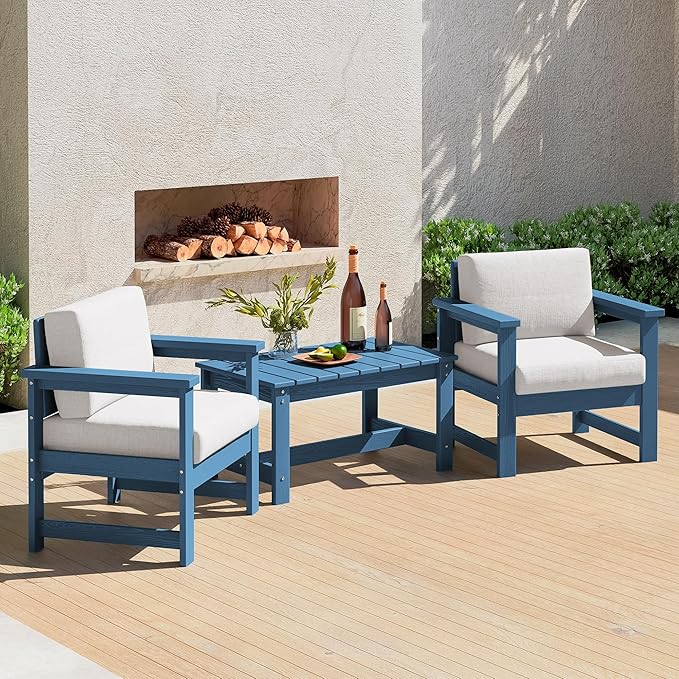 SERWALL 3 Pieces HDPE Outdoor Sofa Bistro Set with Cushion - Photo 1