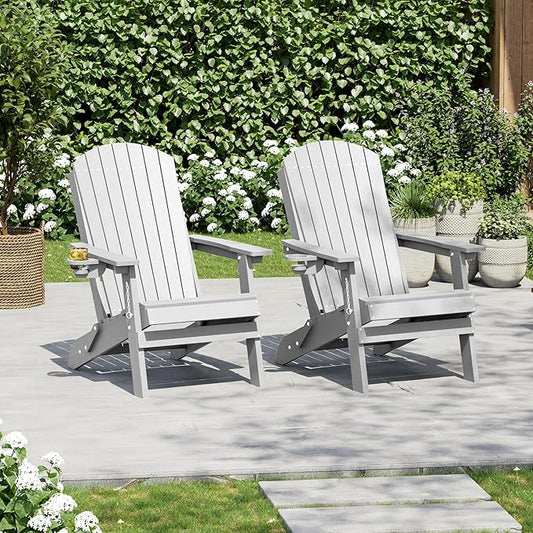HDPE Foldable Adirondack Outdoor Chair Set of 2 with Cup Holder, Weather Resistant Heavy-Duty Patio Chair for Patio, Backyard, Deck, Fire Pit, Lawn and Porch, White