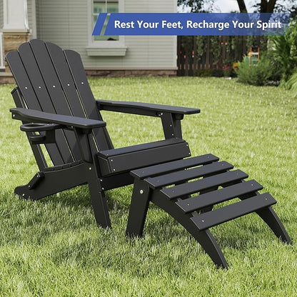 FOOWIN Folding Adirondack Ottoman, HDPE All Weather Adirondack Footrests, Ottoman for Adirondack Chair,Patio Footstool for Outside Easy Storage,for Patio, Backyard, Porch, Garden, Black