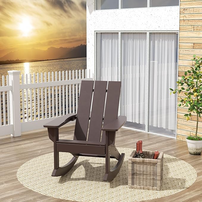 Costaelm Outdoor Adirondack Chair, All Weather Resistant Lawn Chairs Balcony Chair and Fire Pit Chairs, Patio Chair Outdoor Porch Rocking Chair High Back HDPE Poly Lumber, Dark Brown