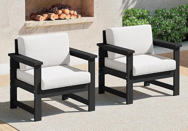 SERWALL 2 Pieces Single Cushioned Sofa Armchair, Black HDPE Adirondack Outdoor Sofa Lounge with Khaki Cushion - Photo 1