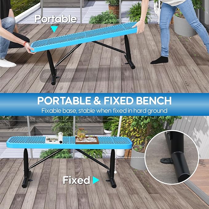 6FT Metal Park Bench for Outside, All-Weather Thermoplastic Coating Outdoor Bench with Anchor, Commercial Heavy Duty Benches for Shopping Malls, Stores, Parks, Patios, Decks, Blue