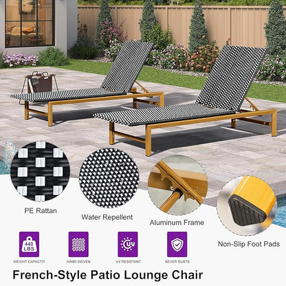 PURPLE LEAF Patio Chaise Lounge French Outdoor Lounger 2 Pieces Wood-Grain Finish Aluminum Wicker Lounge Chair with Adjustable Backrest for Pool Garden Beach and Backyard White and Black