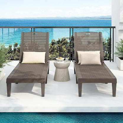 Outdoor Chaise Lounge Chair Set of 2 with 5 Position Adjustable Backrest, Water-Resistant Tanning Chair Recliner, Resin Pool Lounge Chairs for Patio, Poolside or Beach (Light Brown)