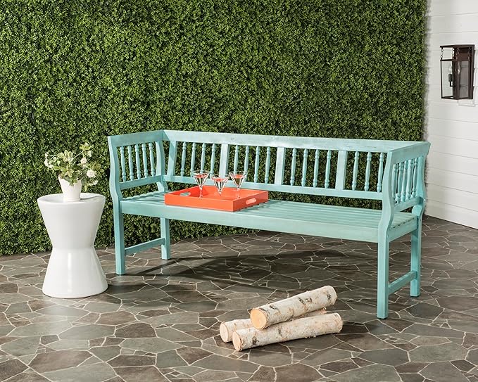 SAFAVIEH Outdoor Patio Furniture Collection – Brentwood Blue & Beige Distressed Acacia Wood Bench with Silver Accents, Classic Outdoor Seating for Porch or Garden (PAT6732D)