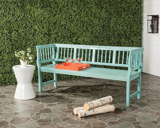 SAFAVIEH Outdoor Patio Furniture Collection – Brentwood Blue & Beige Distressed Acacia Wood Bench with Silver Accents, Classic Outdoor Seating for Porch or Garden (PAT6732D)