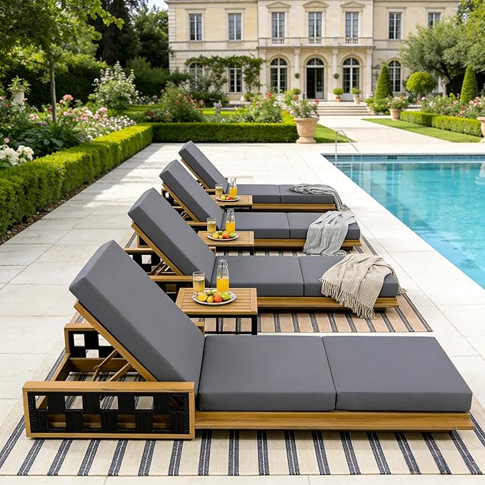 Merax Patio Chaise Lounge Set of 4, Acacia Wood Outdoor Reclining Chairs with 4-Position Adjustable Backrest, 4-Piece Sunbathing Recliner & 4" Thick Triple-fold Cushion for Poolside, Garden, Dark Gray