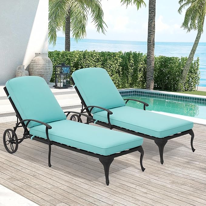 Chaise Lounge Chair Outdoor- Set of 2 Patio Pool Chairs Tanning Lounges for Outside Beach Lounger Reclining Cast Aluminum with Cyan Cushions