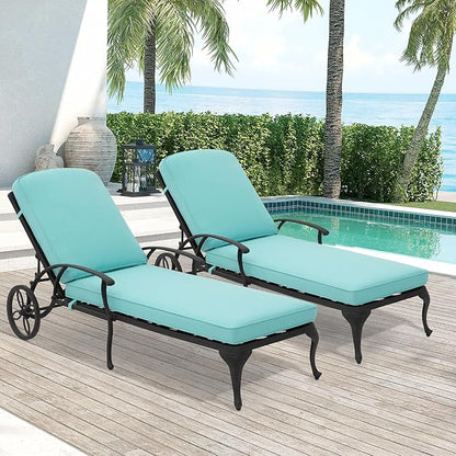 Chaise Lounge Chair Outdoor- Set of 2 Patio Pool Chairs Tanning Lounges for Outside Beach Lounger Reclining Cast Aluminum with Cyan Cushions
