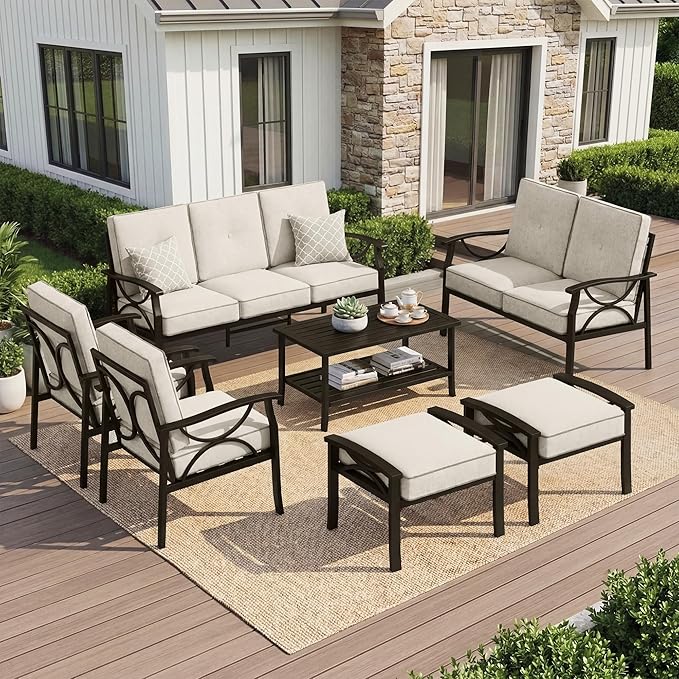 Outdoor Patio Furniture Set, 9 Seats Outdoor Patio Set with 4" Thick Cushion, All-Weather Metal Patio Sofa with Coffee Table, Outdoor Sectional Furniture for Porch Backyard Deck Yard, Black&Beige