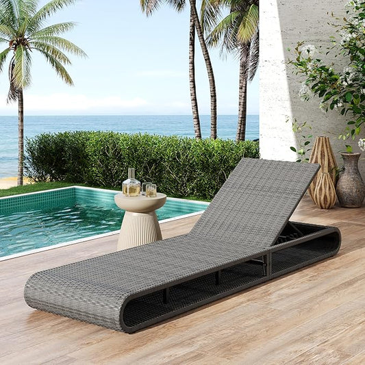 GDFStudio Chaise Lounge Outdoor Chairs Patio Lounge Chair Adjustable 6-Position PE Rattan Wicker Backrest Recliner Full Flat Tanning Sunbathing Iron Reclining for Outside Beach Pool, Grey
