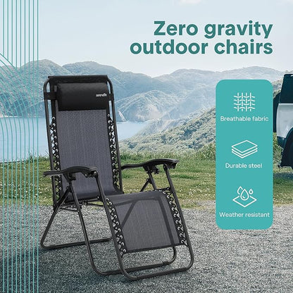 SereneLife Outdoor Zero Gravity Lounge Chair Set with Table – 2 Adjustable Recliners with Cup Holders, Headrest, Steel Frame & Foldable Design for Patio, Pool, Garden, or Camping