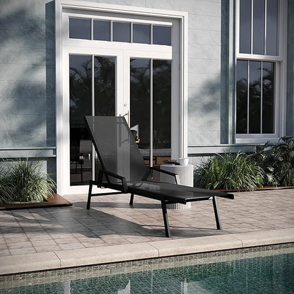 EMMA + OLIVER Braelin Adjustable Patio Chaise Lounge - Black Textilene Seat - 5 Recline Positions - Metal Frame - All-Weather