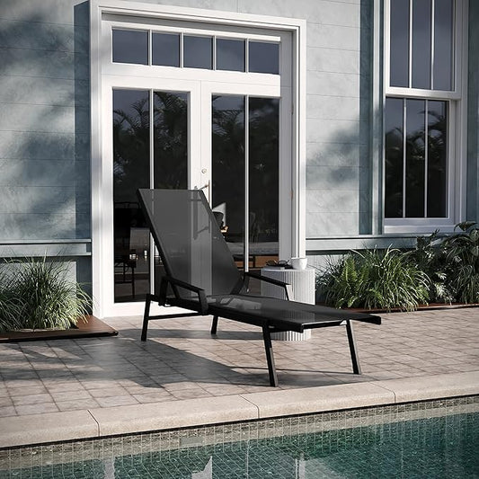 EMMA + OLIVER Braelin Adjustable Patio Chaise Lounge - Black Textilene Seat - 5 Recline Positions - Metal Frame - All-Weather