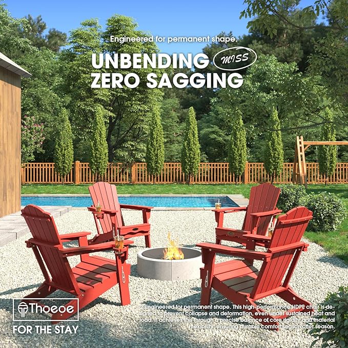 Folding Adirondack Chair, HDPE All-Weather Outdoor Chair with Cup Holder, Wooden Textured, Fire Pit Chair - Photo 2