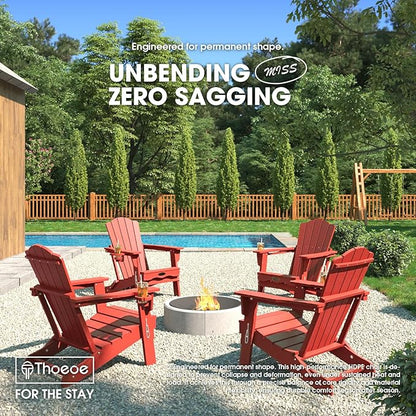 Folding Adirondack Chair,HDPE All-Weather Outdoor Chair with Cup Holder,Wooden Textured,Fire Pit Chair,Plastic Patio Chair for Deck,Backyard,Garden,Lawn(Red)