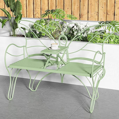 Outdoor Bench Patio Outdoor Garden Bench with Built-in Table, Butterfly Bench for Outside, 3 People Outdoor Bench Garden Bench Front Porch Furniture (Green, 49.2inch)
