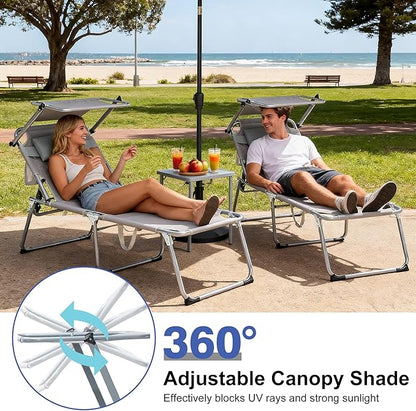 Folding Outdoor Lounge Recliner Chairs, Patio Lawn Chairs with Adjustable Backrest, Sun Tanning Beach Chair with Sunshade/Awning, Breathable Mesh Seat, Gray, 2 Pcs (Gray)
