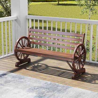 MOTION Outdoor Wagon Wheel Bench - 55 Inches Wooden Garden Bench with Slatted Backrest and Carbonized Finish, 2-Person Seat Outdoor Bench for Garden Porch Yard Patio, Rustic Brown