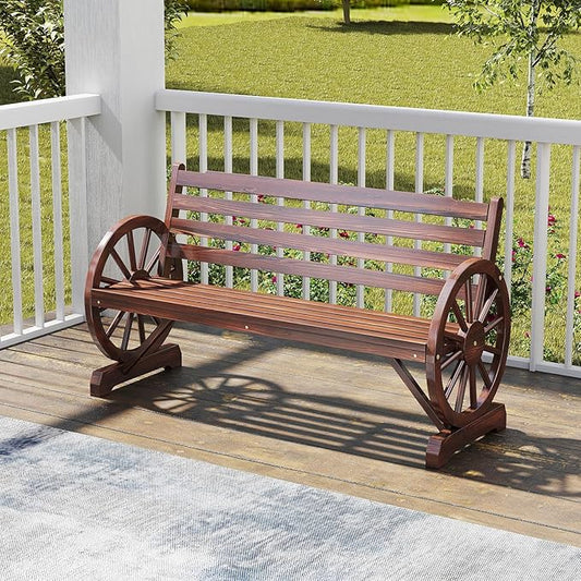 MOTION Outdoor Wagon Wheel Bench - 55 Inches Wooden Garden Bench with Slatted Backrest and Carbonized Finish, 2-Person Seat Outdoor Bench for Garden Porch Yard Patio, Rustic Brown
