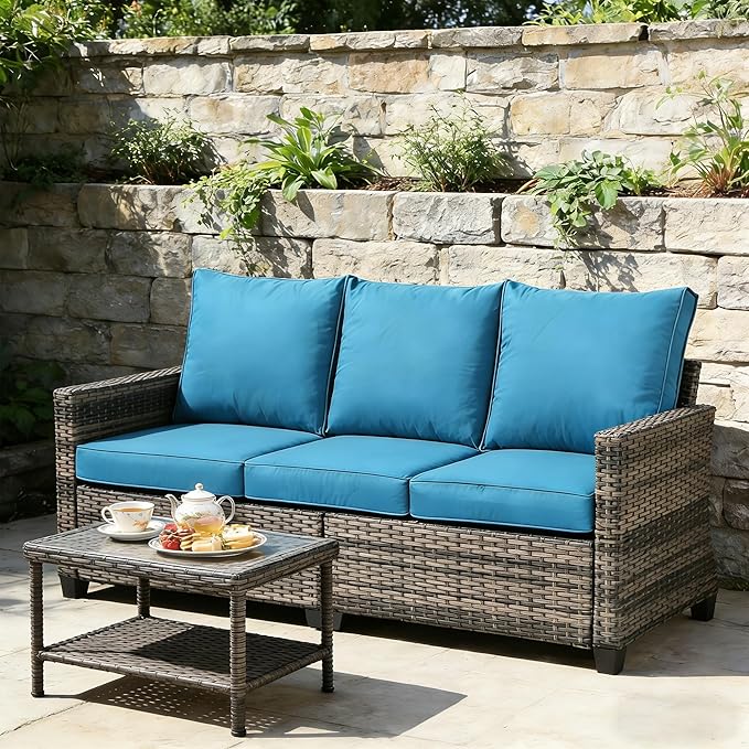 All Weather Patio Couch, 3 Seat Outdoor Couch with High Curved Back and Peacock Blue Thick Cushions - Photo 6