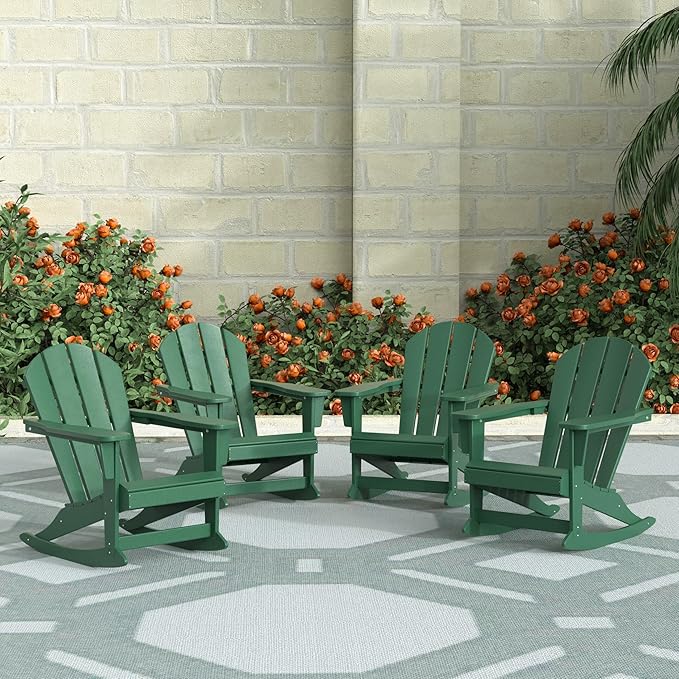 WestinTrends Malibu Outdoor Patio Porch Rocking Adirondack Chair (Set of 4), Dark Green
