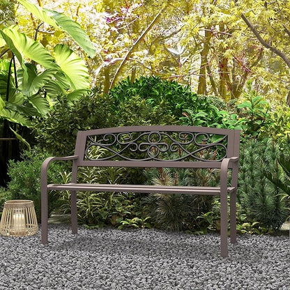 Outsunny 50" Outdoor Bench, Metal Garden Bench with Floral Pattern Backrest, Porch Bench with Slatted Seat for Park, Yard, Lawn, Brown