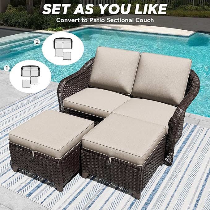 3 Pieces Patio sectional Sofa Set, Outdoor Conversation Furniture Set, 55" Patio Couch with 2 Ottomans - Photo 4