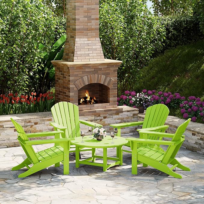 WestinTrends Dylan 5-Piece Outdoor Patio HDPE Adirondack Chair with Round Coffee Table Conversation Set, Lime