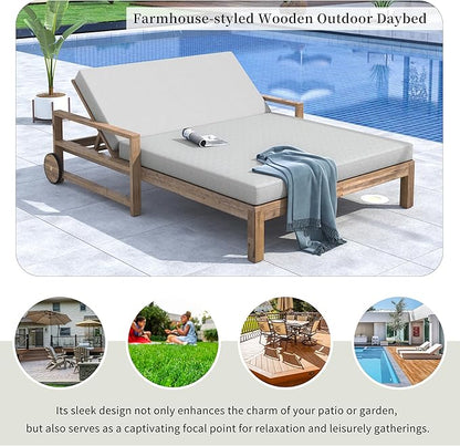 LZ LEISURE ZONE Farmhouse-Style Acacia Wood Outdoor Daybed for 2,Weather-Resistant Patio Lounger with 4-Position Adjustable Backrest & Wheels,High-Resilience Foam Cushions,for Poolside, Garden(Grey)