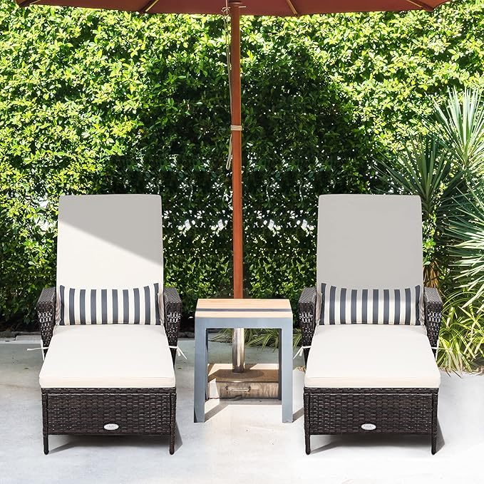 Tangkula Wicker Chaise Lounge Outdoor Set of 2, Patio Rattan Reclining Chaise with 6-Gear Adjustable Backrest, Thick Padded Cushion & Removable Lumbar Pillow, Pool Lounge Chairs for Outside Balcony