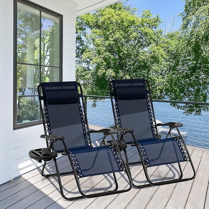 Giantex 2 PCS Zero Gravity Chair, Outdoor Chaise Lounge with Cup Holder - Photo 2
