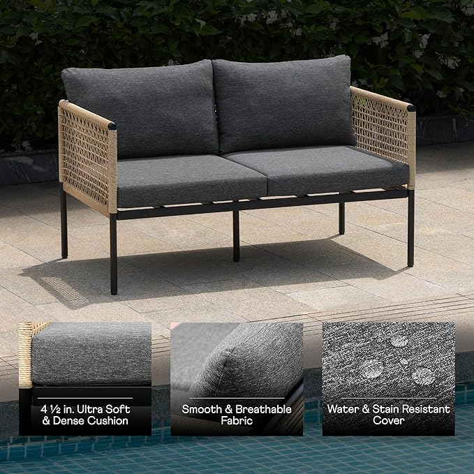 Idzo Oscar Wicker Metal Loveseat with Coffee Table – Black, 2-Seater Outdoor Sofa Set for Small Patios - Photo 3