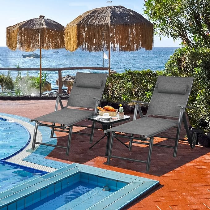 Tangkula 2 Pieces Patio Chaise Lounge W/Wheels, Outdoor Folding Padded Lounge Chair W/ 7-Position Backrest - Photo 2