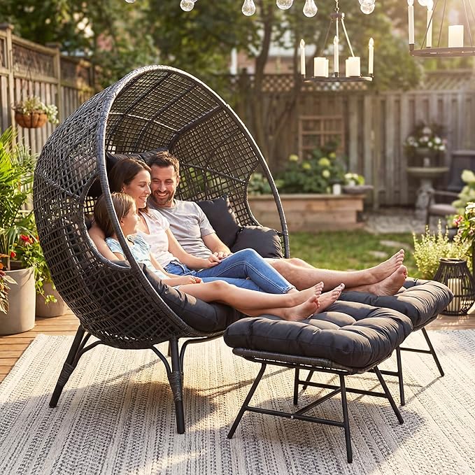 NICESOUL Luxury Double Egg Chair with Footrest & Cushions, Two Person Wicker Eggshell Chair Large with Ottoman - Photo 9