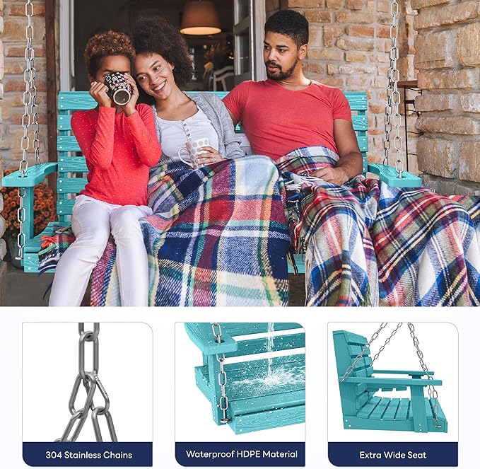 KINGYES Outdoor Hanging Patio Swing Set, 2 Seat Swing Chair with Cup Holders, Waterproof Bench for Courtyard & Garden - Photo 5