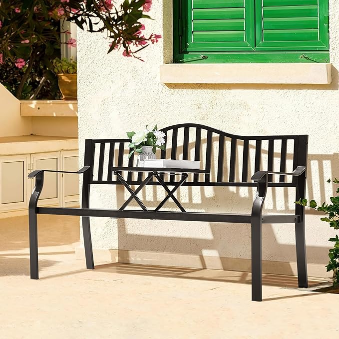 NUU GARDEN Outdoor Garden Bench with Built-in Small Table, E-Coated Metal Patio Bench for Porch, Lawn, Yard, Garden, Poolside, Black