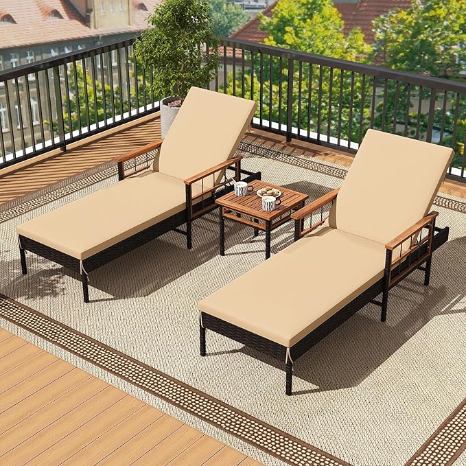 Tangkula 3 Pieces Patio Chaise Lounge Set, 2 Rattan Lounge Chairs with 4-Level Adjustable Backrest - Photo 2