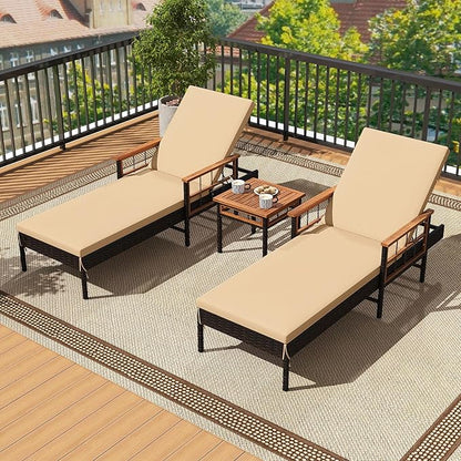 Tangkula 3 Pieces Patio Chaise Lounge Set, 2 Rattan Lounge Chairs with 4-Level Adjustable Backrest, Acacia Wood Armrests & Side Table, Wicker Reclining Chair Set with Cushions for Backyard, Poolside