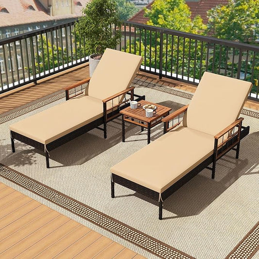 Tangkula 3 Pieces Patio Chaise Lounge Set, 2 Rattan Lounge Chairs with 4-Level Adjustable Backrest, Acacia Wood Armrests & Side Table, Wicker Reclining Chair Set with Cushions for Backyard, Poolside