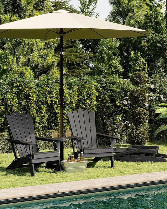 GREENVINES Folding-Adirondack-Chairs-Set-of-2 | HDPE Plastic | Throne Series | Fire Pit Chair | with Connecting Tray | Removable Table | All Weather | for Outdoor Patio Deck Poolside | Black